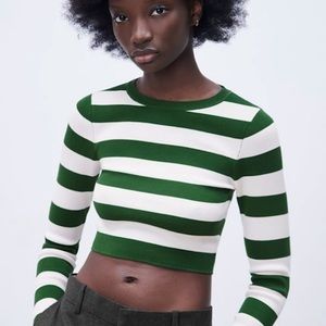 Zara | Sweaters | Zara Green White Striped Crop Top Rib Knit Sweater Size  Small | Poshmark
